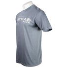 Side of a gray T-shirt with 'Caymas Boats' logo in light gray on the chest. 