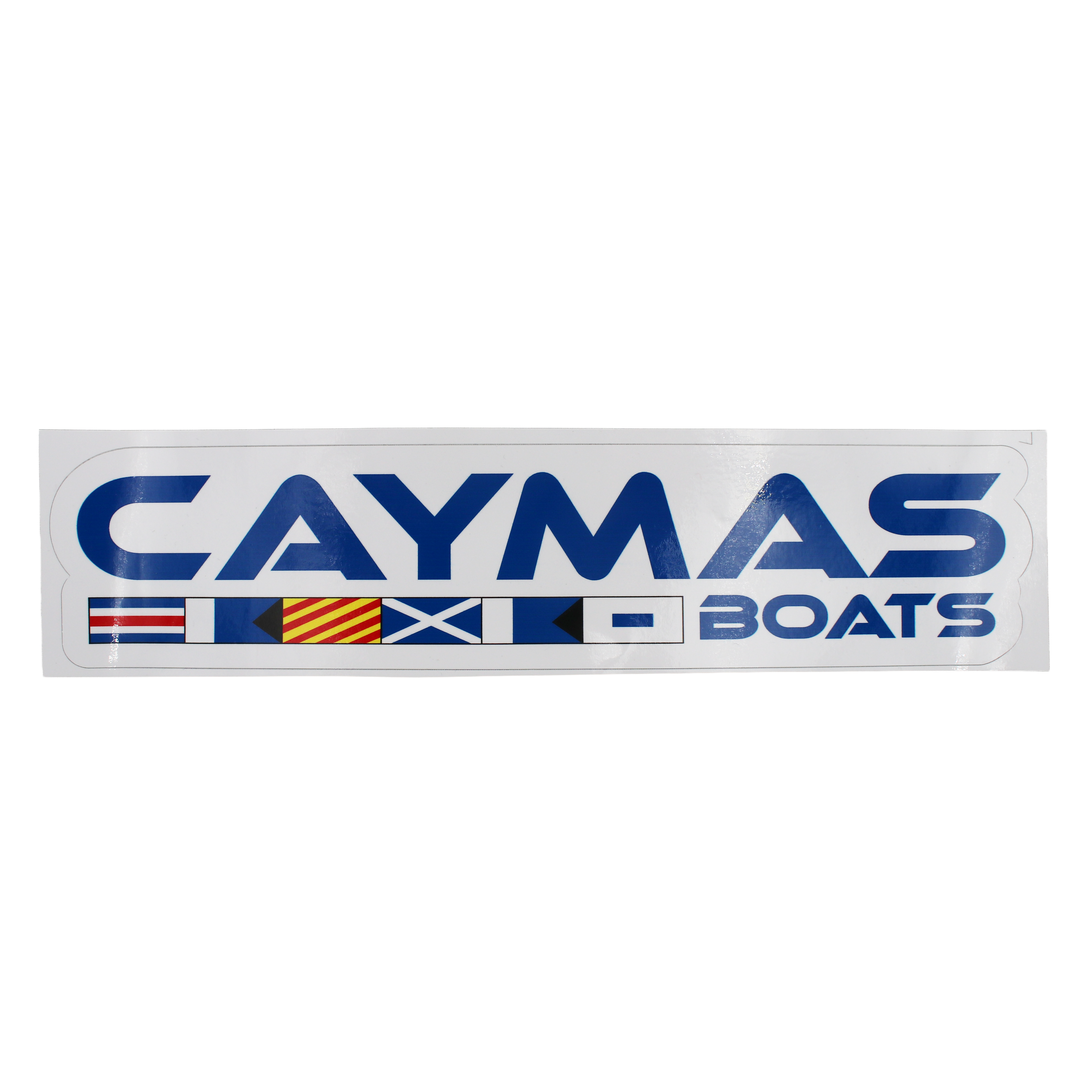 A large blue Caymas Boats logo decal on a white background.