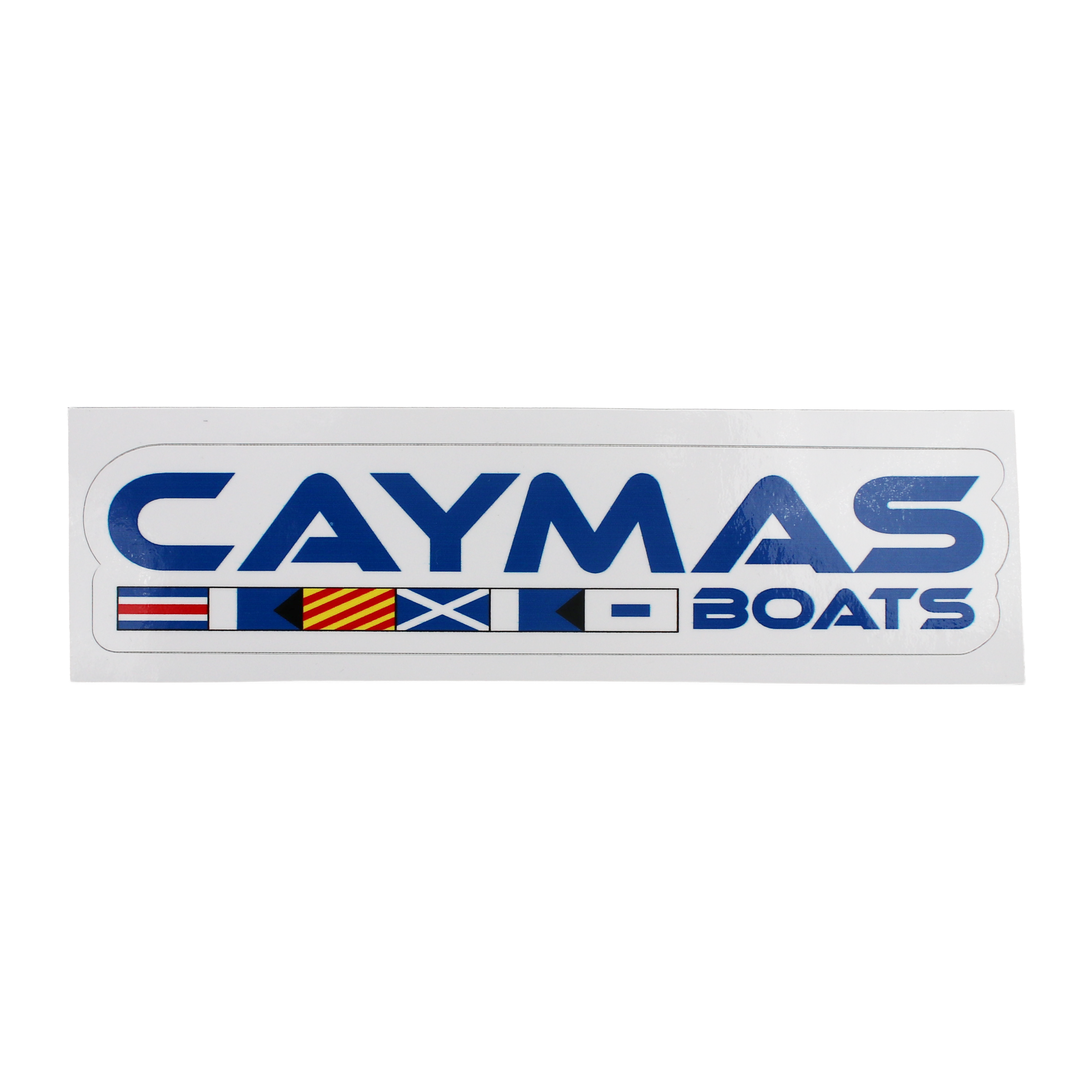 A small blue Caymas Boats logo decal on a white background.