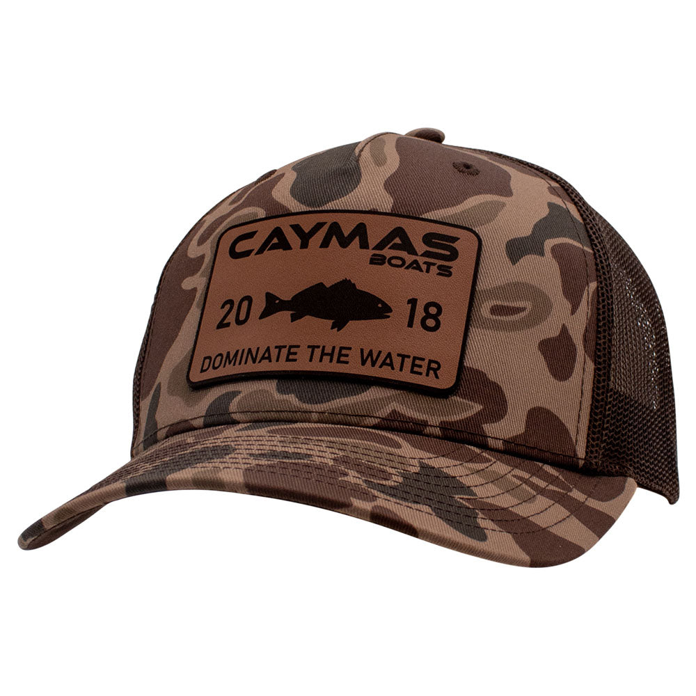 Brown camouflage cap with Caymas Boats logo patch on the front. 