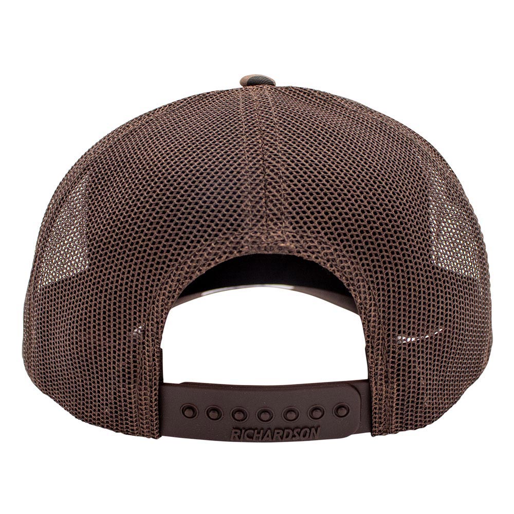 Back of a brown mesh cap with a snapback closure. 