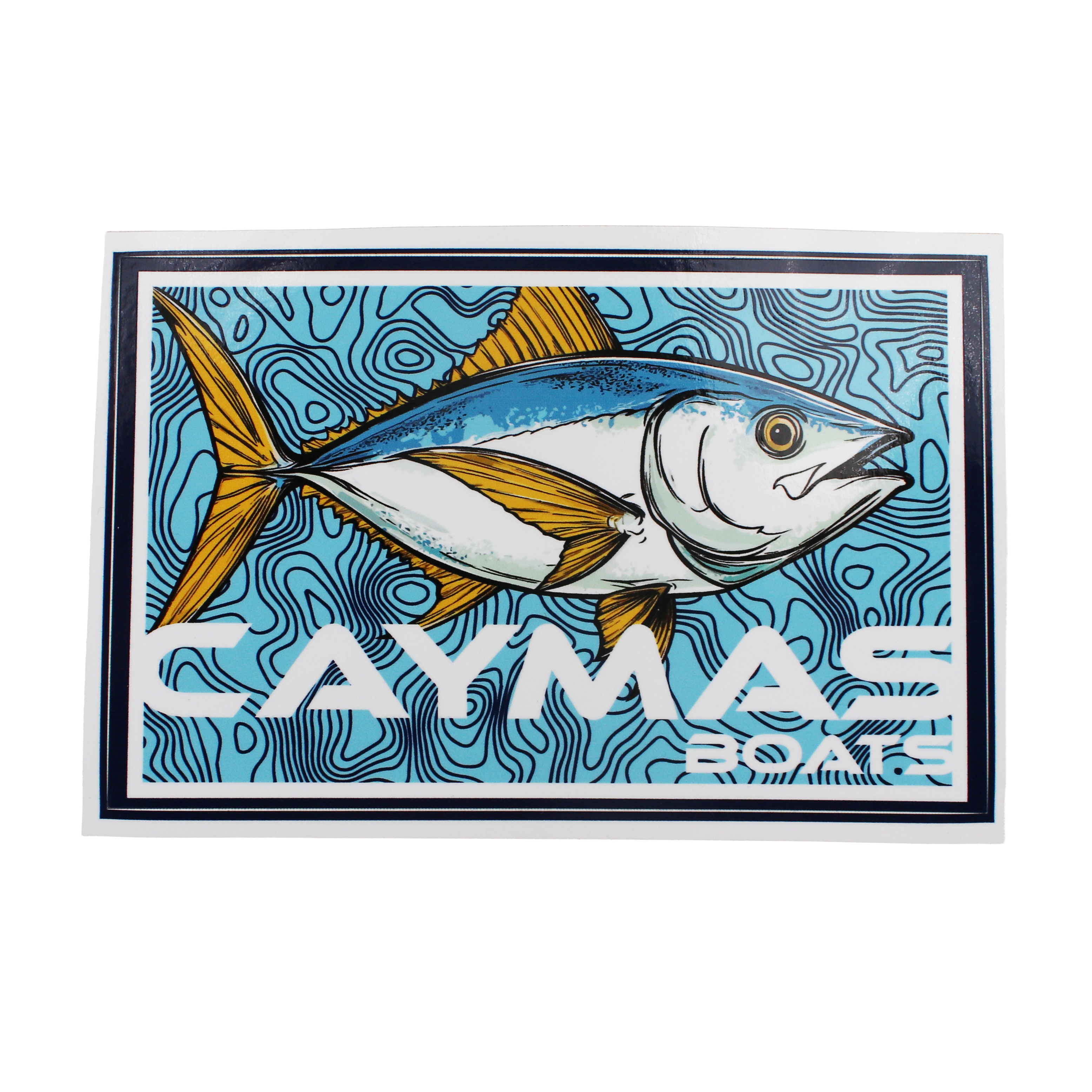 A colorful decal of a blue and yellow fish with 'CAYMAS BOATS' branding below it.