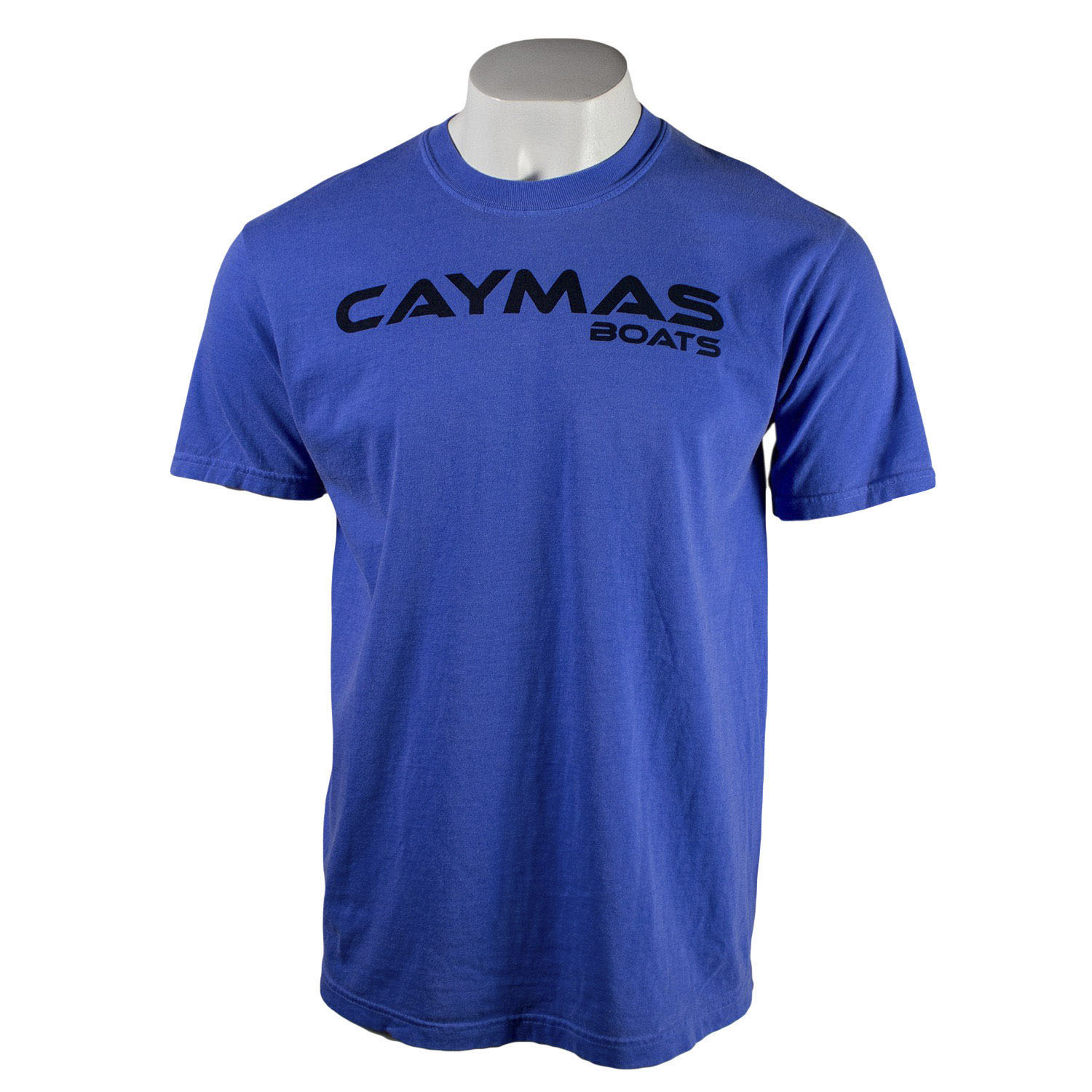 Blue t-shirt with a black 'Caymas Boats' logo on the chest.