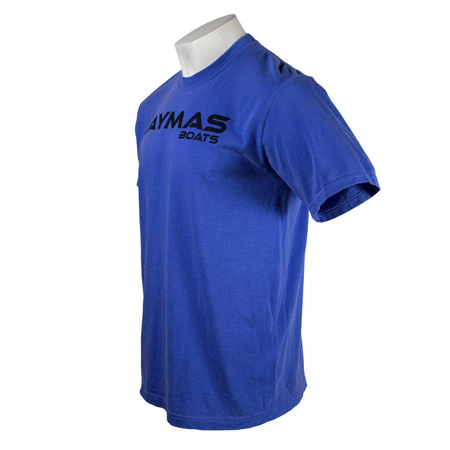 Side of a blue t-shirt with a black 'Caymas Boats' logo on the chest.