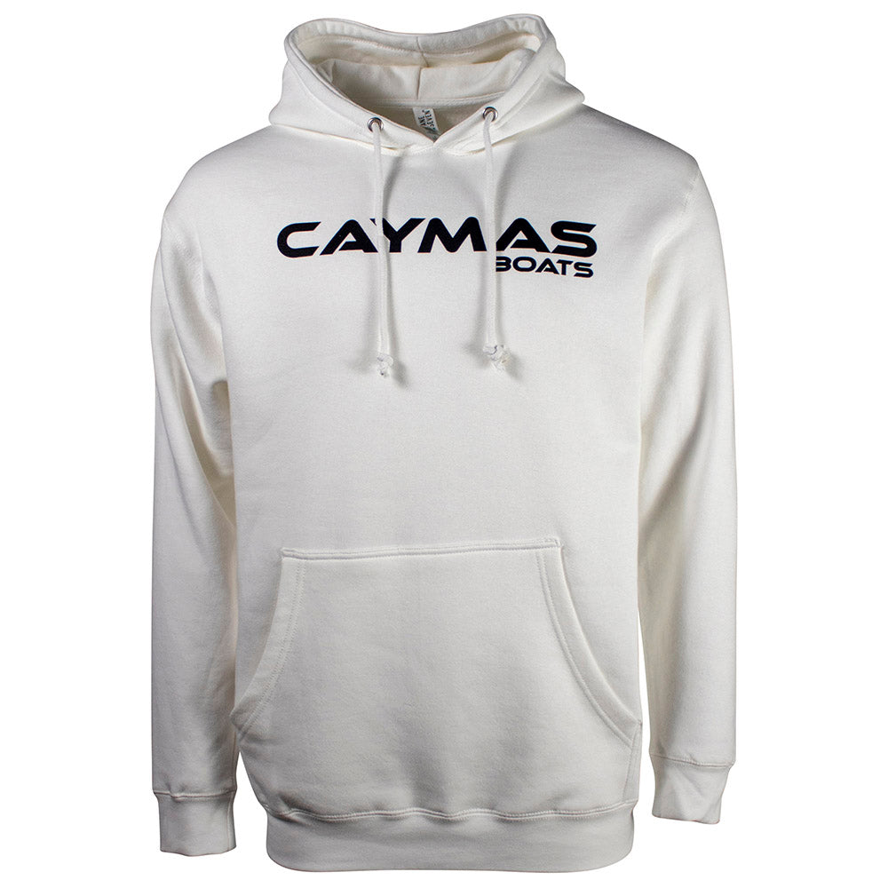 Front of a white hoodie with a black 'Caymas Boats' logo across the chest. 
