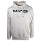 Front of a white hoodie with a black 'Caymas Boats' logo across the chest. 