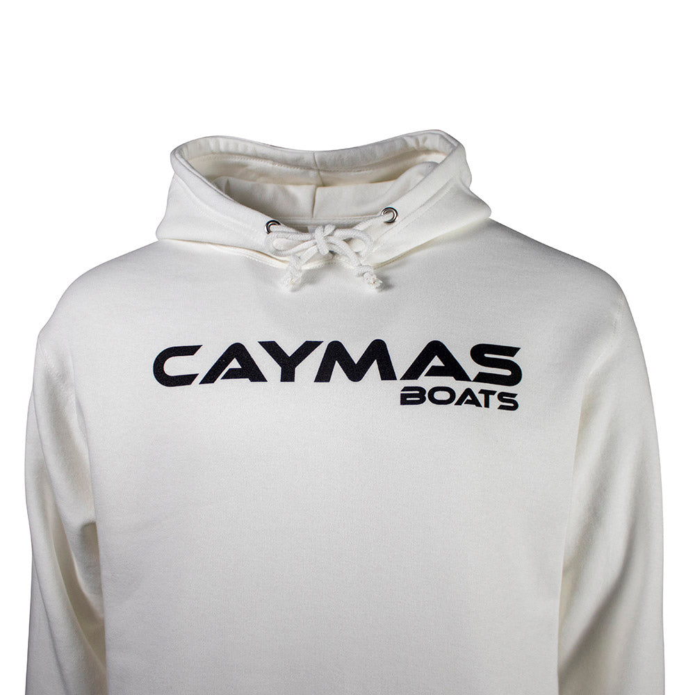 Close up of the chest of a white hoodie with a black 'Caymas Boats' logo across the chest. 