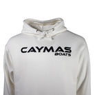 Close up of the chest of a white hoodie with a black 'Caymas Boats' logo across the chest. 