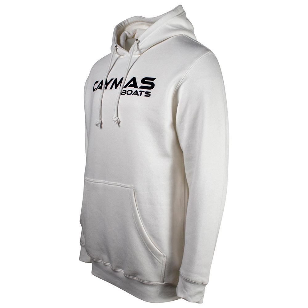 Side of a white hoodie with a black 'Caymas Boats' logo across the chest. 