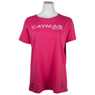 Pink t-shirt with a light pink 'Caymas Boats' logo on the chest.