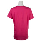 Back of a hot pink ladies t-shirt.