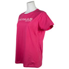 Side of a pink t-shirt with 'Caymas Boats' logo on the chest.