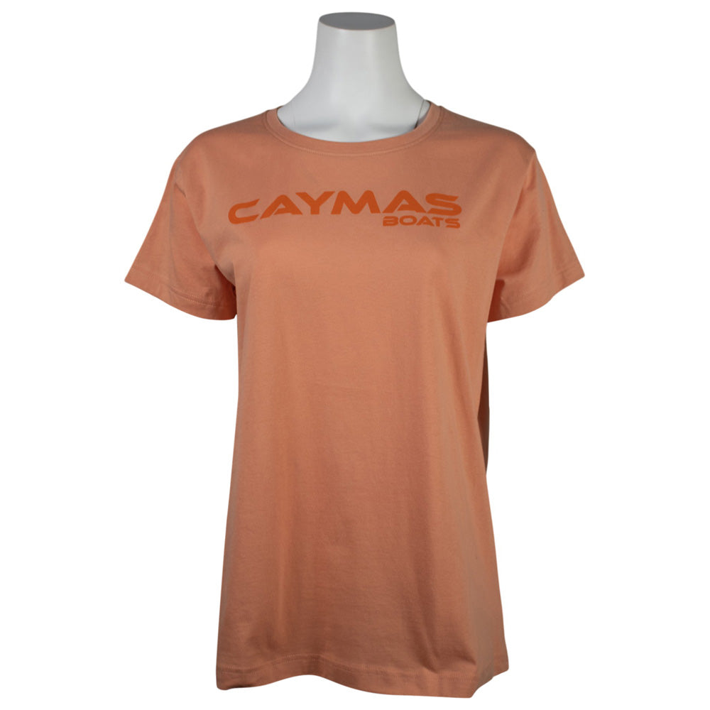 Light orange t-shirt with a dark orange 'Caymas Boats' logo on the chest.