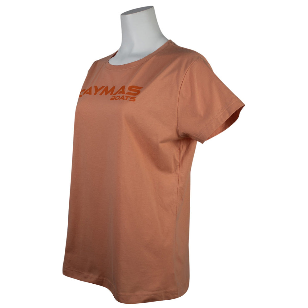 Side of a light orange t-shirt with a dark orange 'Caymas Boats' logo on the chest.