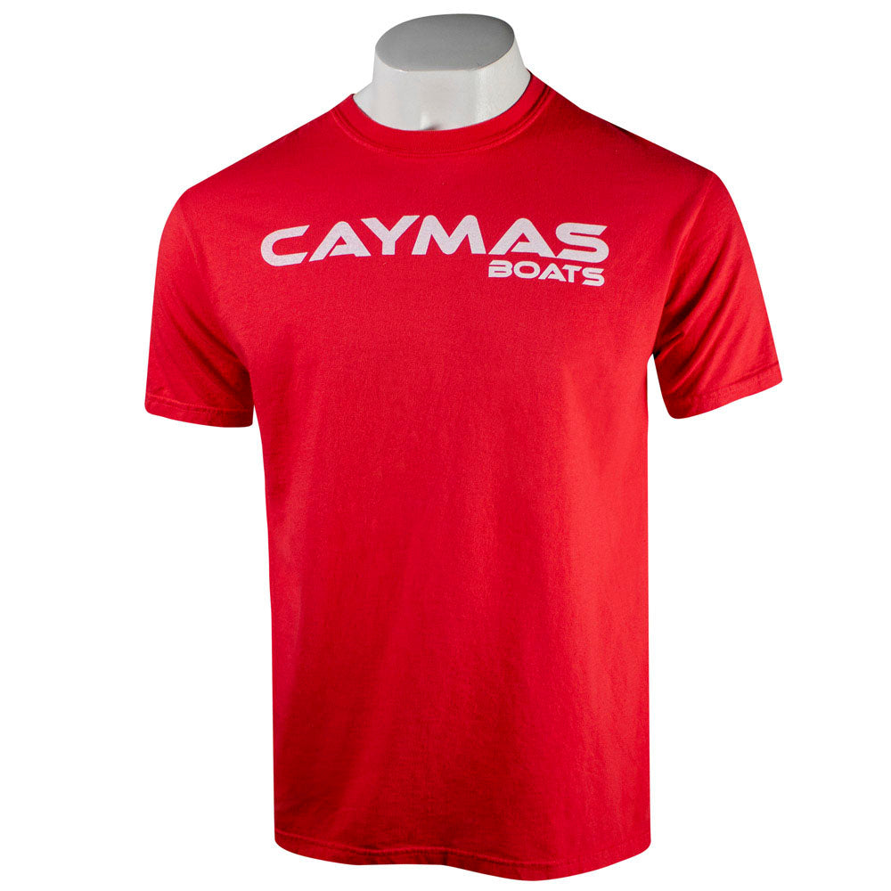 Red t-shirt with a white 'Caymas Boats' logo on the chest.