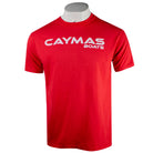 Red t-shirt with a white 'Caymas Boats' logo on the chest.