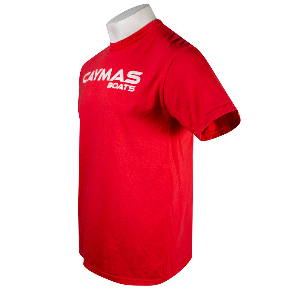 Side of a red t-shirt with a white 'Caymas Boats' logo on the chest.