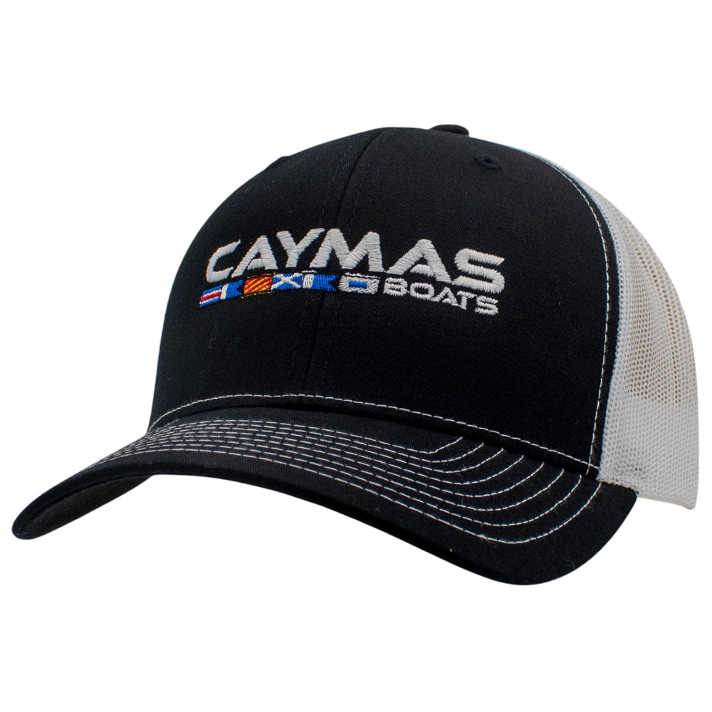 Black and white cap with a white caymas boats logo embroidered on the front. 