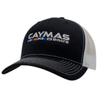 Black and white cap with a white caymas boats logo embroidered on the front. 