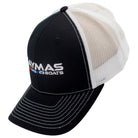Side of a black cap with a white mesh back and the caymas boats logo embroidered on the front. 