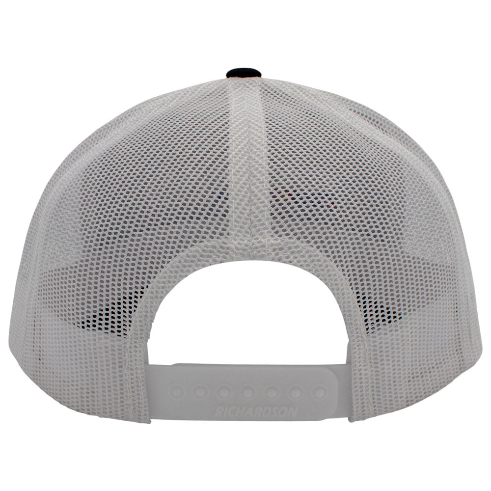 White mesh back of a hat with a snapback closure. 