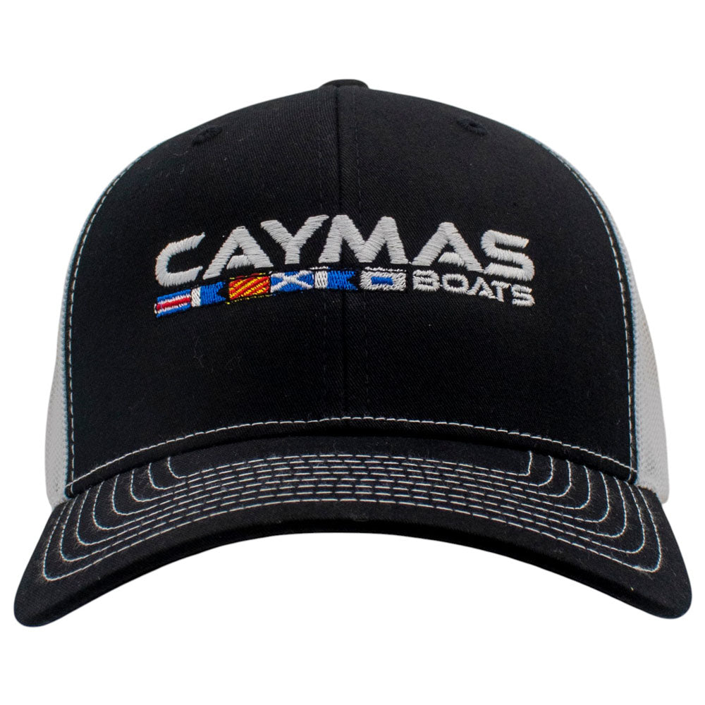 Black cap with a white caymas boats logo embroidered on the front. 