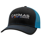 Charcoal grey and blue hat with a white caymas boats logo embroidered on the front. 