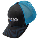 Side of a charcoal grey hat with a blue mesh back and white caymas boats logo embroidered on the front. 