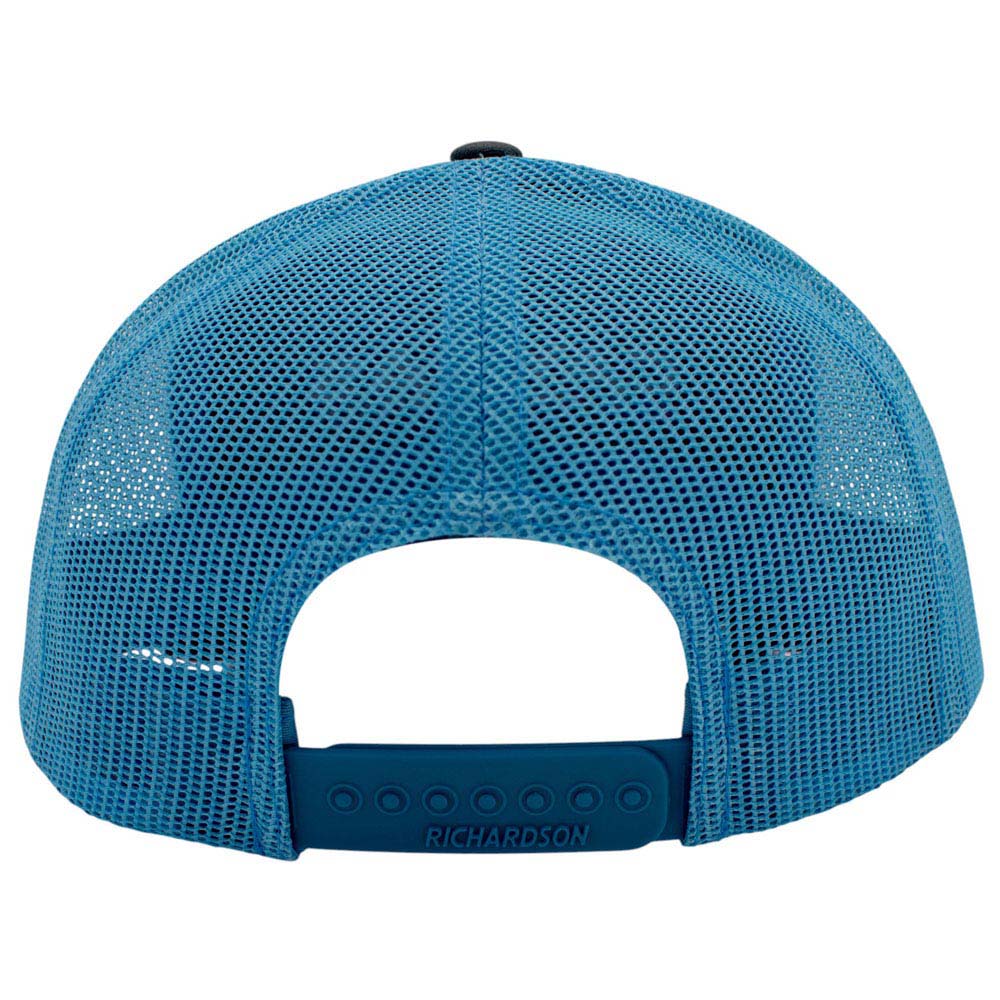 Back of a blue mesh cap with Richardson branding on the snapback closure. 