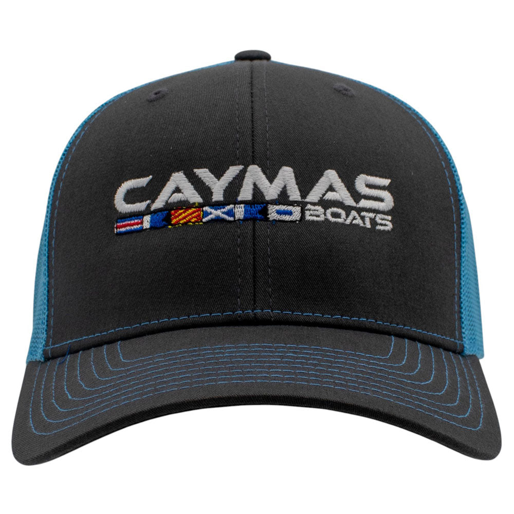 Charcoal grey hat with a white caymas boats logo embroidered on the front. 