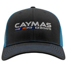 Charcoal grey hat with a white caymas boats logo embroidered on the front. 