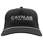 Charcoal grey hat with a white rope across the bill and the caymas boats logo on the front. 