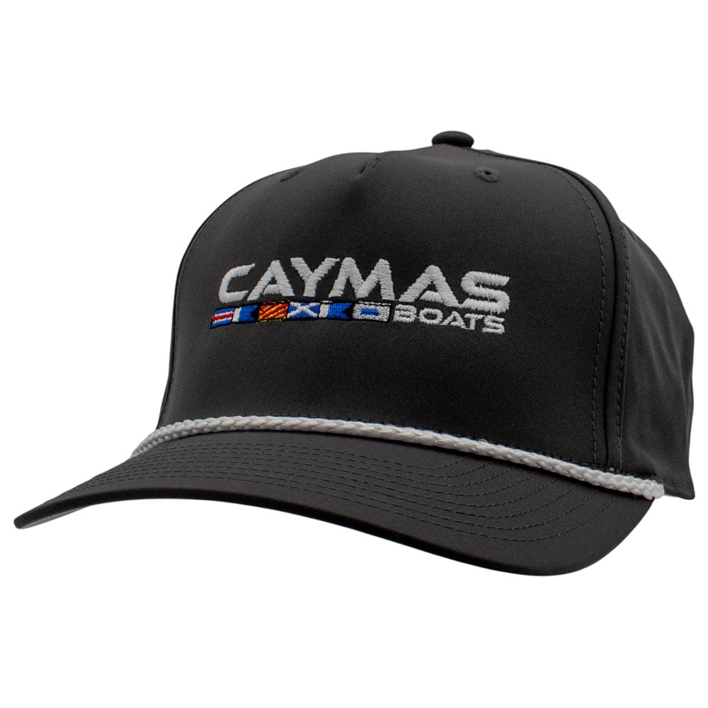 Dark grey hat with a white rope across the bill and the caymas boats logo embroidered on the front. 