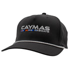Dark grey hat with a white rope across the bill and the caymas boats logo embroidered on the front. 