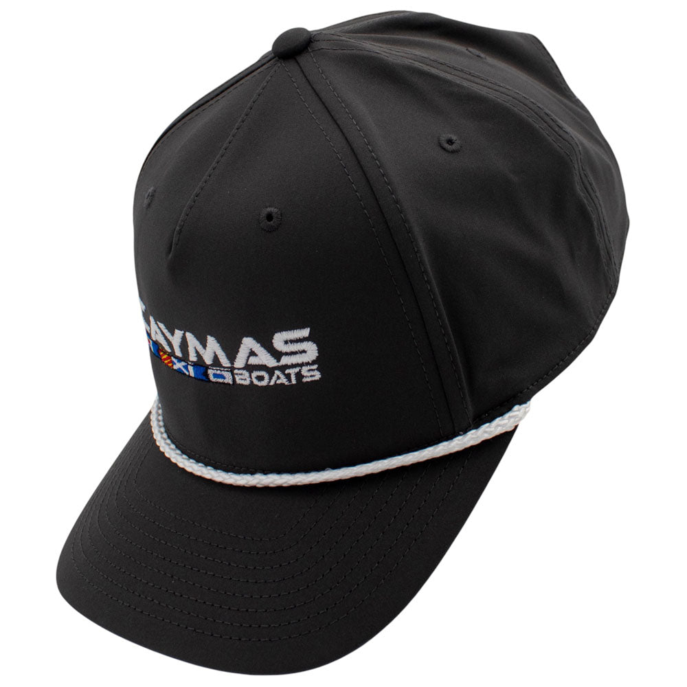 Side of a dark grey hat with a white rope across the bill and a white caymas boats logo on the front. 