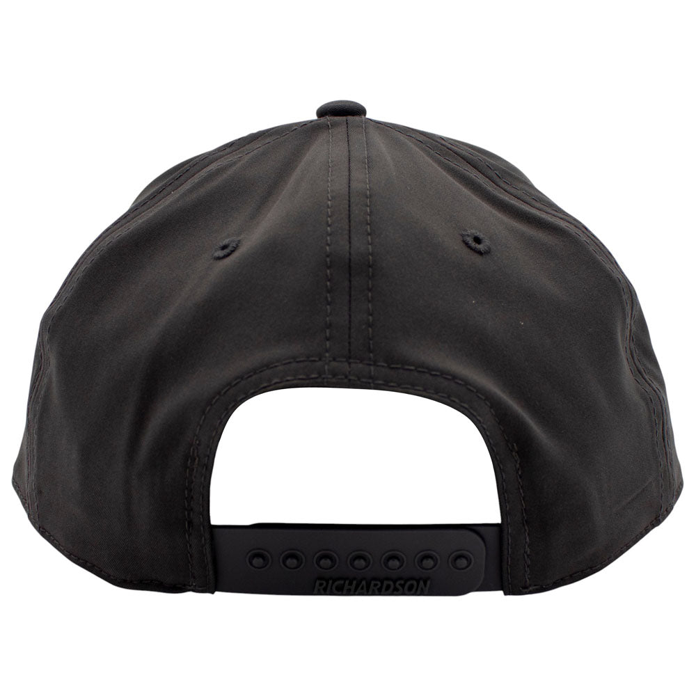 Back of a dark grey cap with a Richardson logo on the snapback closure. 