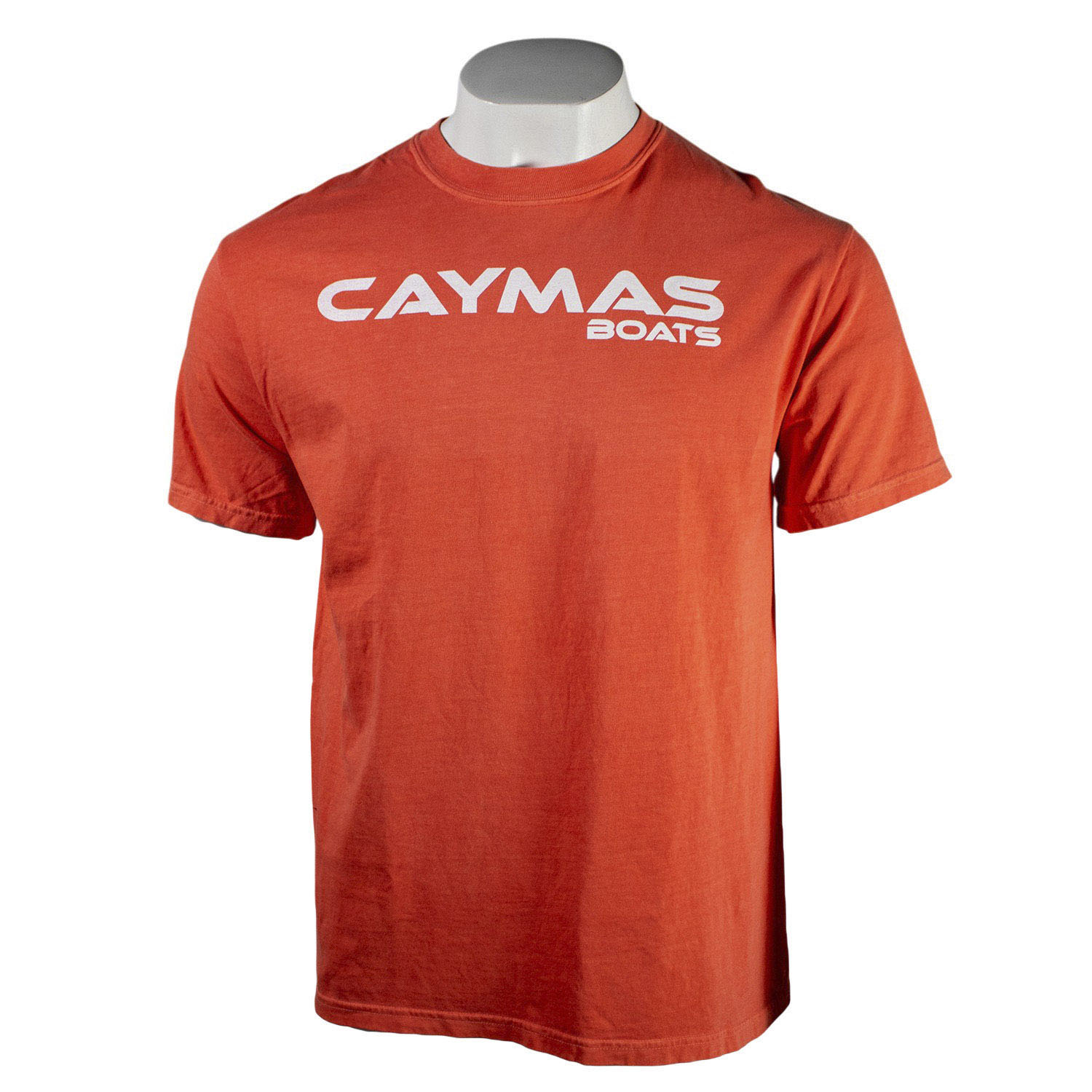 Salmon t-shirt with a white 'Caymas Boats' logo on the chest.