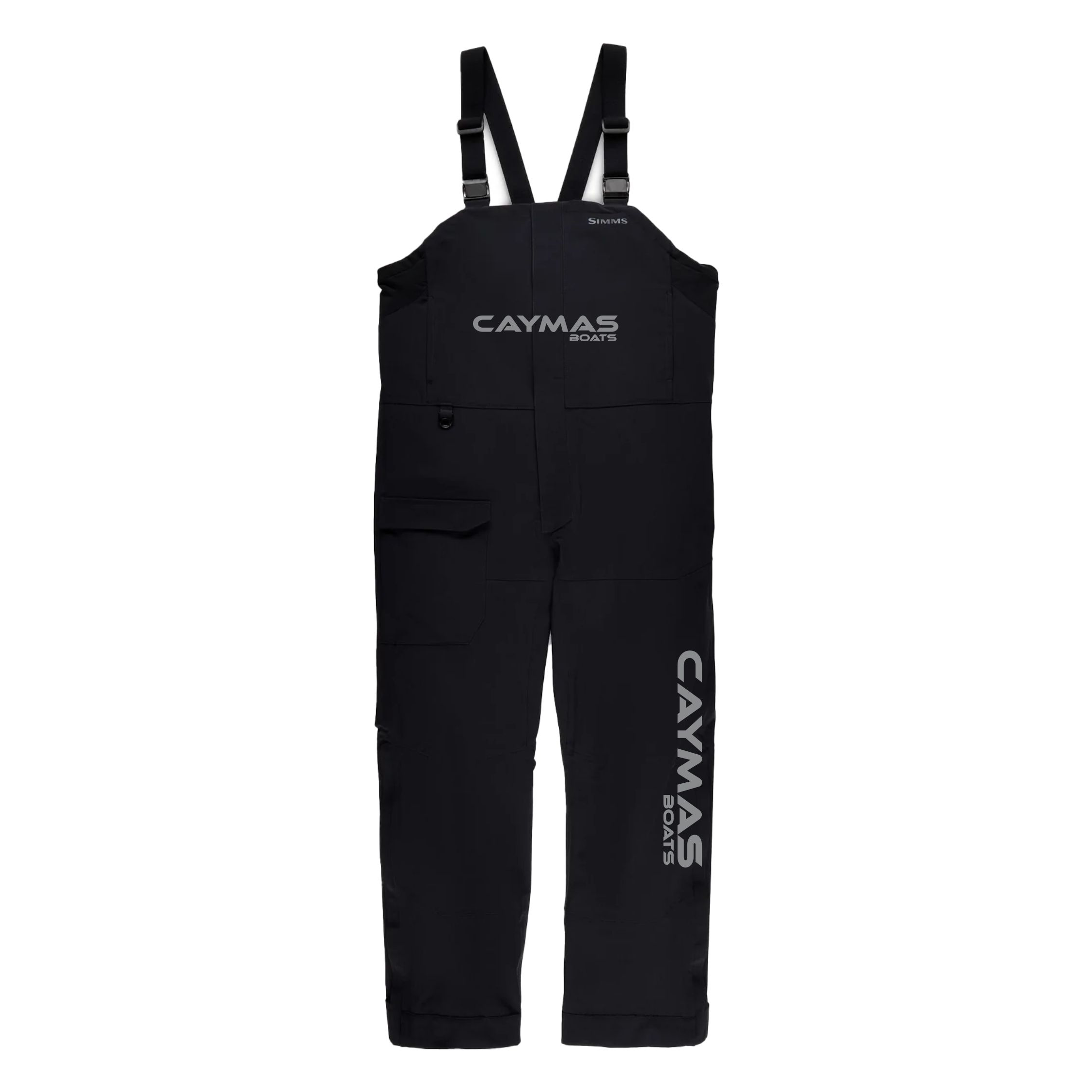 Black bib overalls with a grey Caymas logo on the chest and down the left leg. 