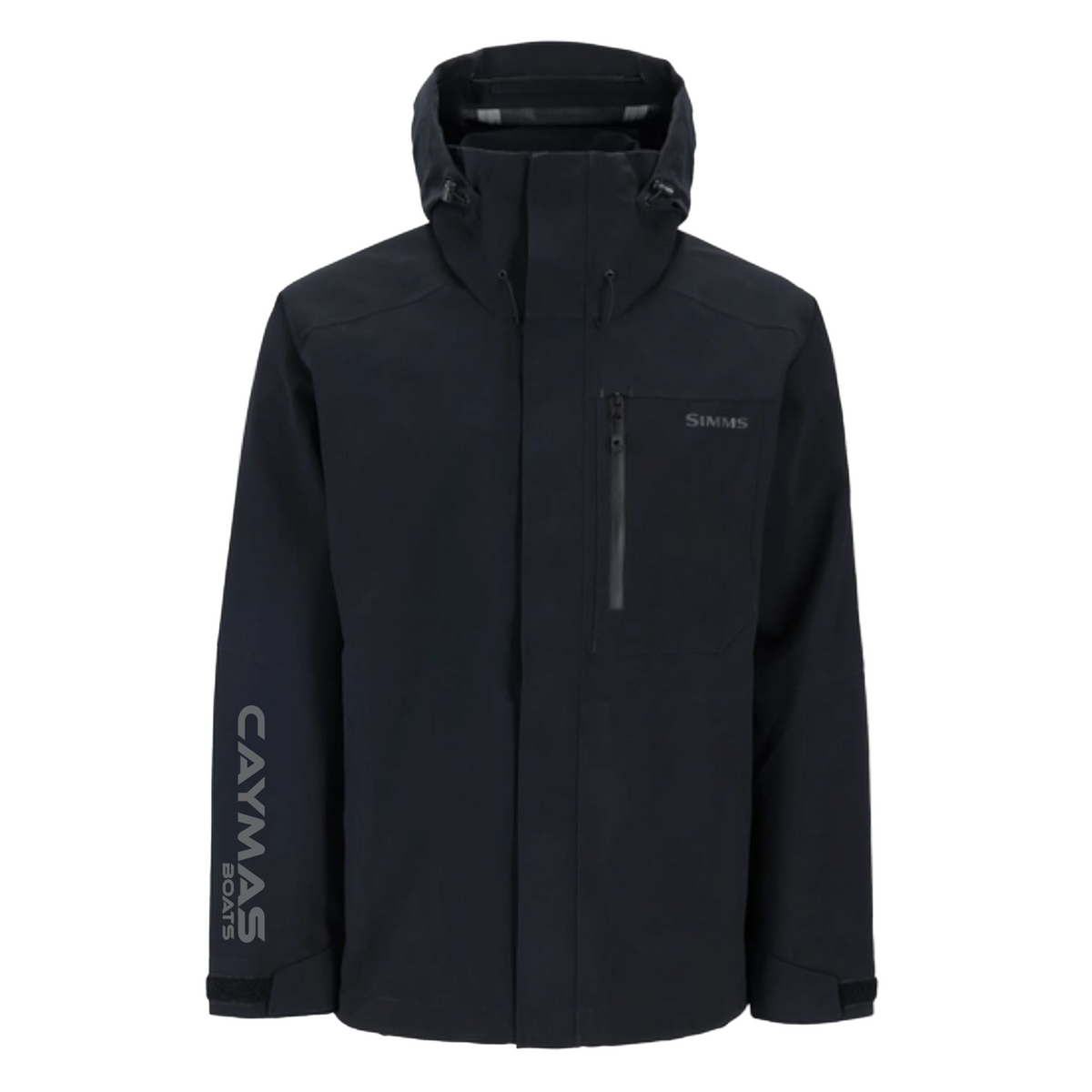 A black hooded jacket with a vertical zippered pocket on the chest and a gray 'Scout Boats' logo printed on the left sleeve, shown against a plain white background.