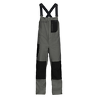 Gray and black bib overalls with adjustable shoulder straps, a front zipper, and a vertical zip chest pocket, shown on a plain white background.