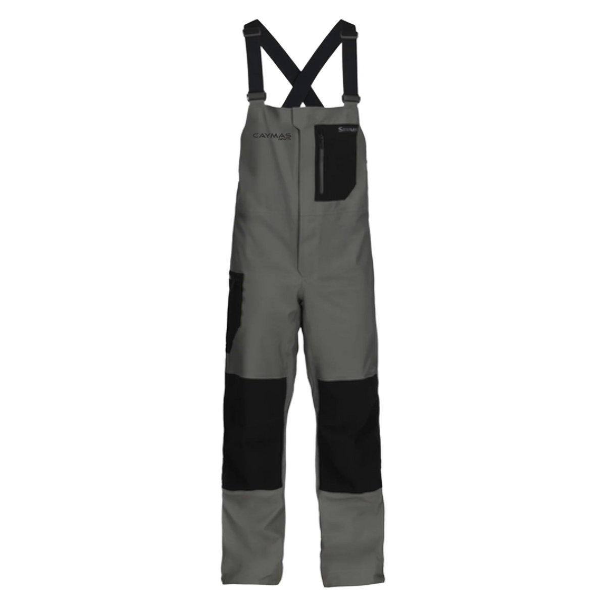 Gray and black bib overalls with adjustable shoulder straps, a front zipper, and a vertical zip chest pocket, shown on a plain white background.