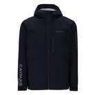 A black hooded zip jacket with a grey caymas boats logo on the right sleeve.