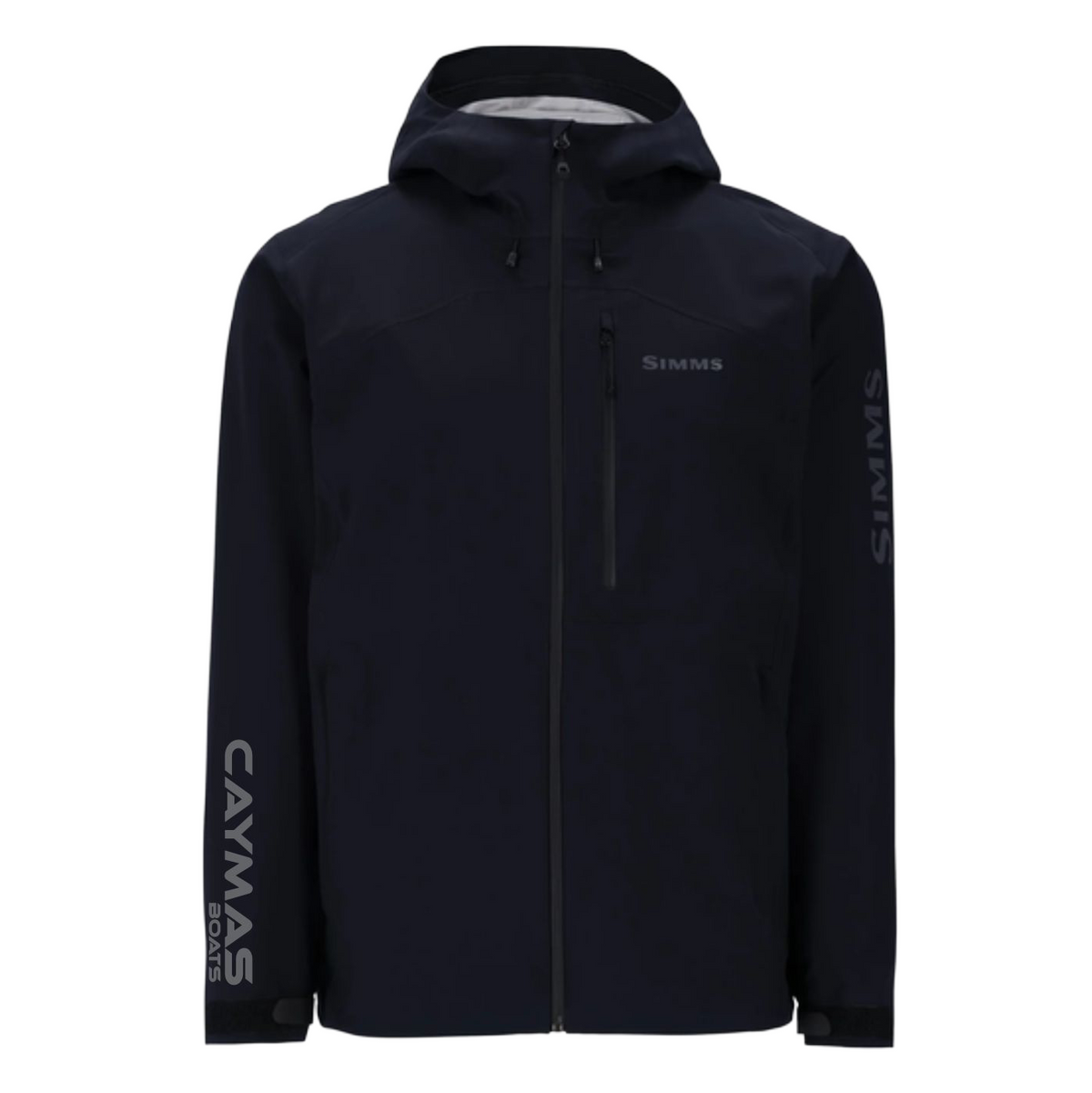 A black hooded zip jacket with a grey caymas boats logo on the right sleeve.
