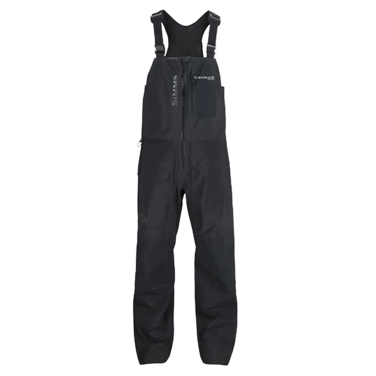 Black Simms waders with adjustable shoulder straps, a front zipper, and a zippered chest pocket on a plain white background. The caymas logo is printed on the left chest in grey.