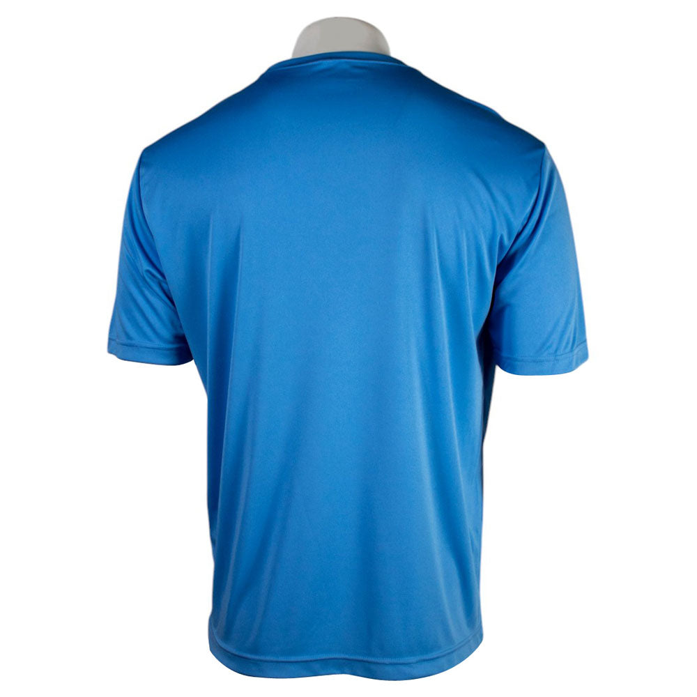 Back of a blue performance T-shirt with 'Caymas Boats' logo on the chest in white.