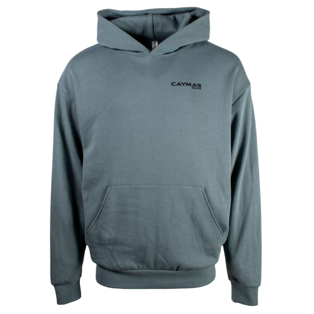 Grey/Blue hoodie with Caymas logo on the left chest. 