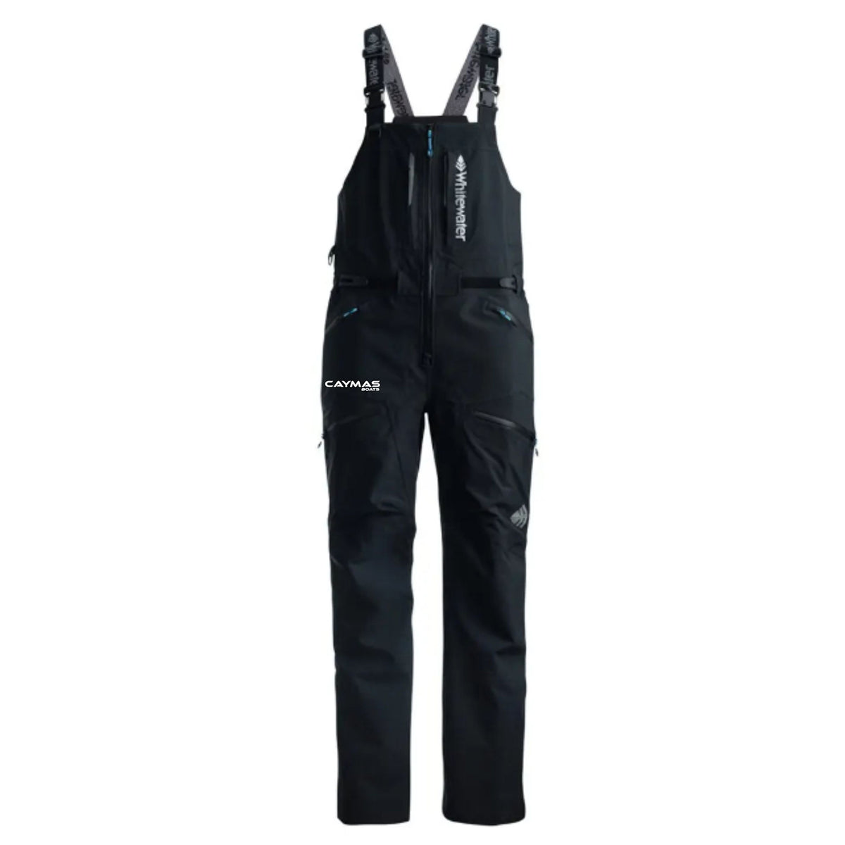 Black technical bib pants with adjustable shoulder straps, multiple zippered pockets, and white printed branding on the chest and upper thigh, shown against a plain white background.