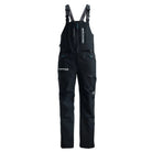 Black technical bib pants with adjustable shoulder straps, multiple zippered pockets, and white printed branding on the chest and upper thigh, shown against a plain white background.