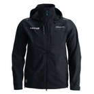 A black jacket with blue zipper details, a hood, a front zipper, and a white caymas boats logo on the right chest.