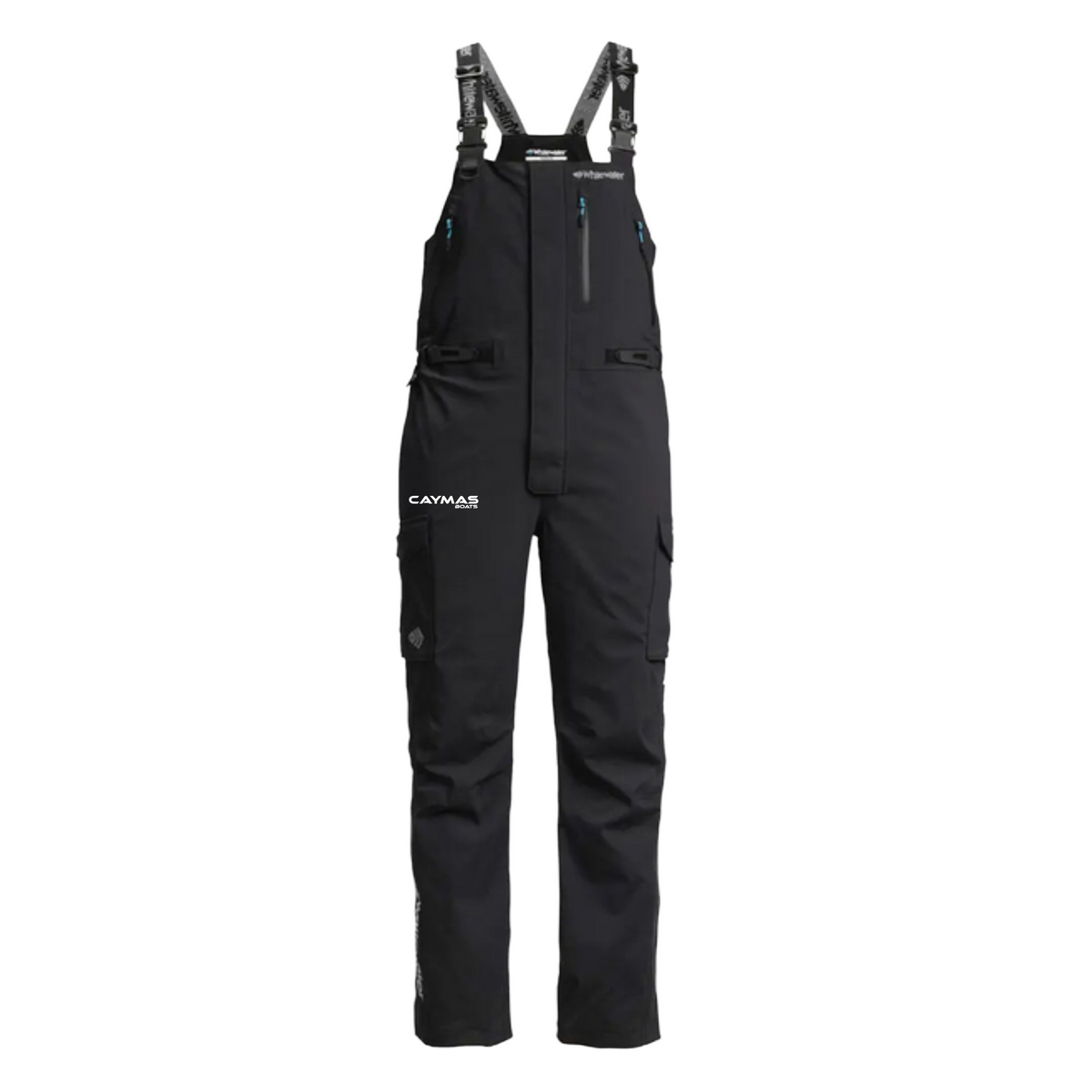 Black fishing bibs with adjustable straps, blue zipper details, and a white caymas logo on the hip.
